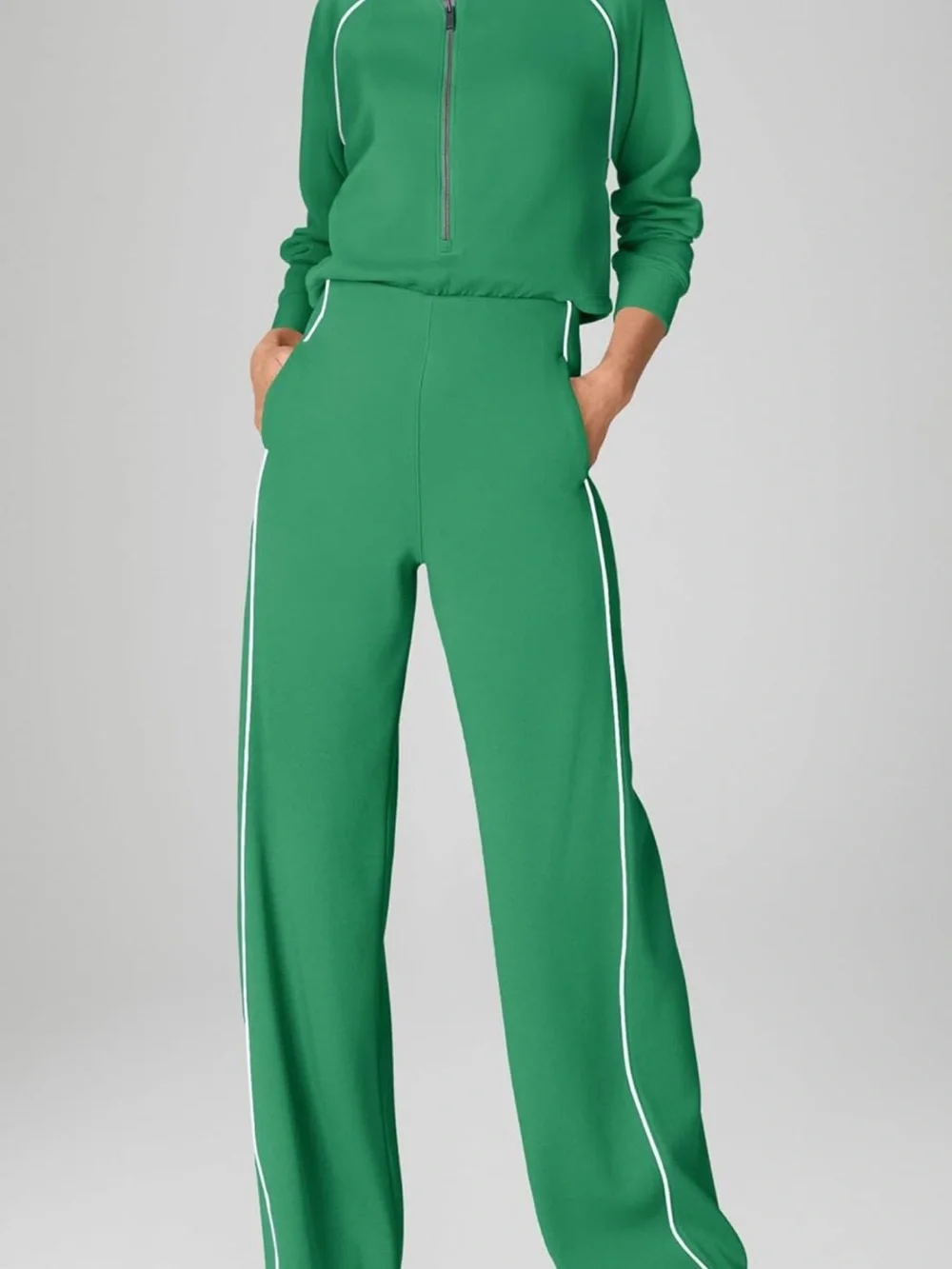 Green Wide-Leg Zip-Neck Jumpsuit with White Piping easy potty feature 💚 - Picture 4 of 7